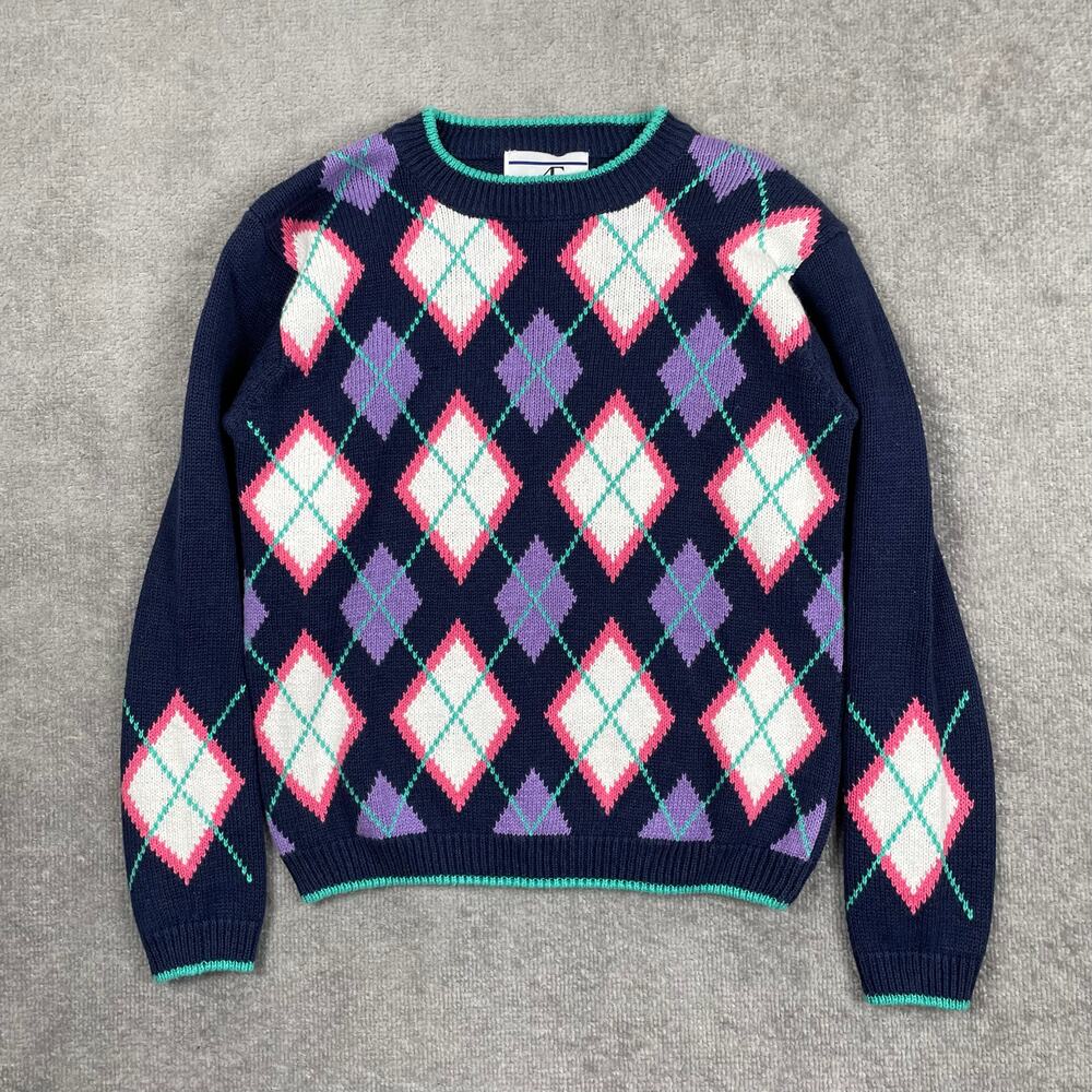 Vintage Accordeon Sweater S Blue Pink Argyle Plaid Knit Preppy Retro 80s 90s